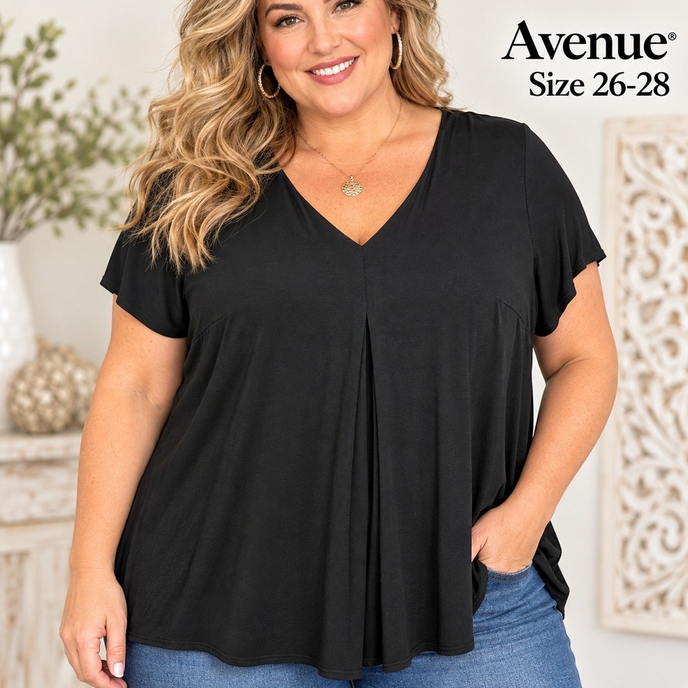 Avenue Black V-Neck Short Sleeve Pleat Front Top Plus Size 26/28